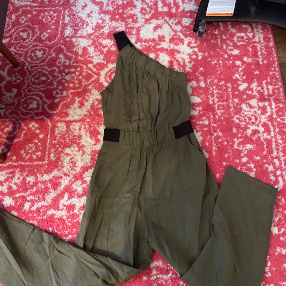 Anthropologie green one-shoulder jumpsuit